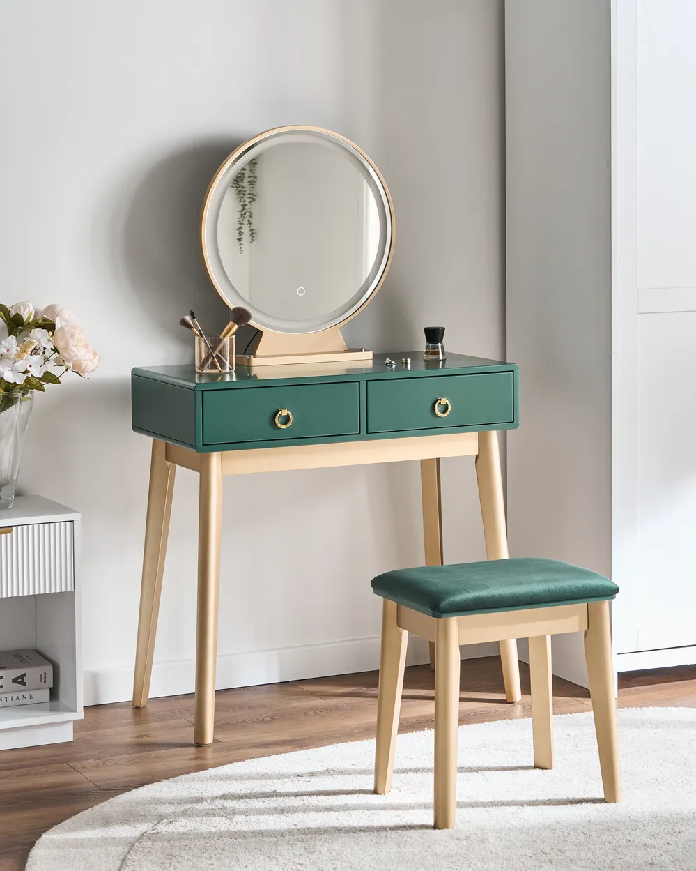 Dressing Table with Mirror and Stool FEDRY LED Emerald Green - Beliani.es Dressing Table with Mirror and Stool FEDRY LED Emerald Green - Beliani.es