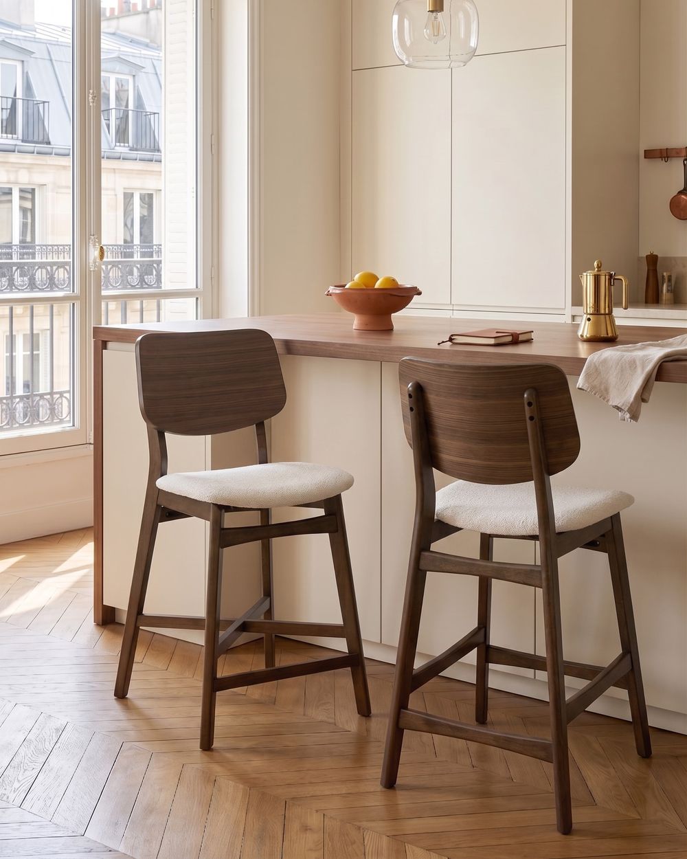 Set of 2 Bar Chairs MAYER Wood Off-White/ Brown