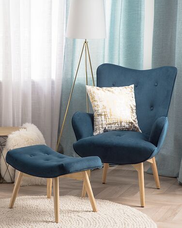 Velvet Wingback Chair with Footstool Blue VEJLE