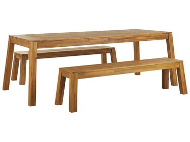 Zestaw ogrodowy akacjowy stół i ławki jasne drewno LIVORNO