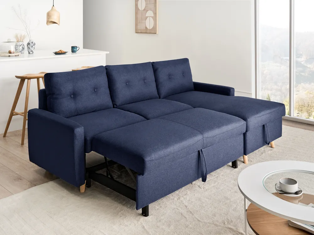 Corner Sofa Bed 4 Seater FLAKK with Storage Fabric Navy Blue Left Hand_989282