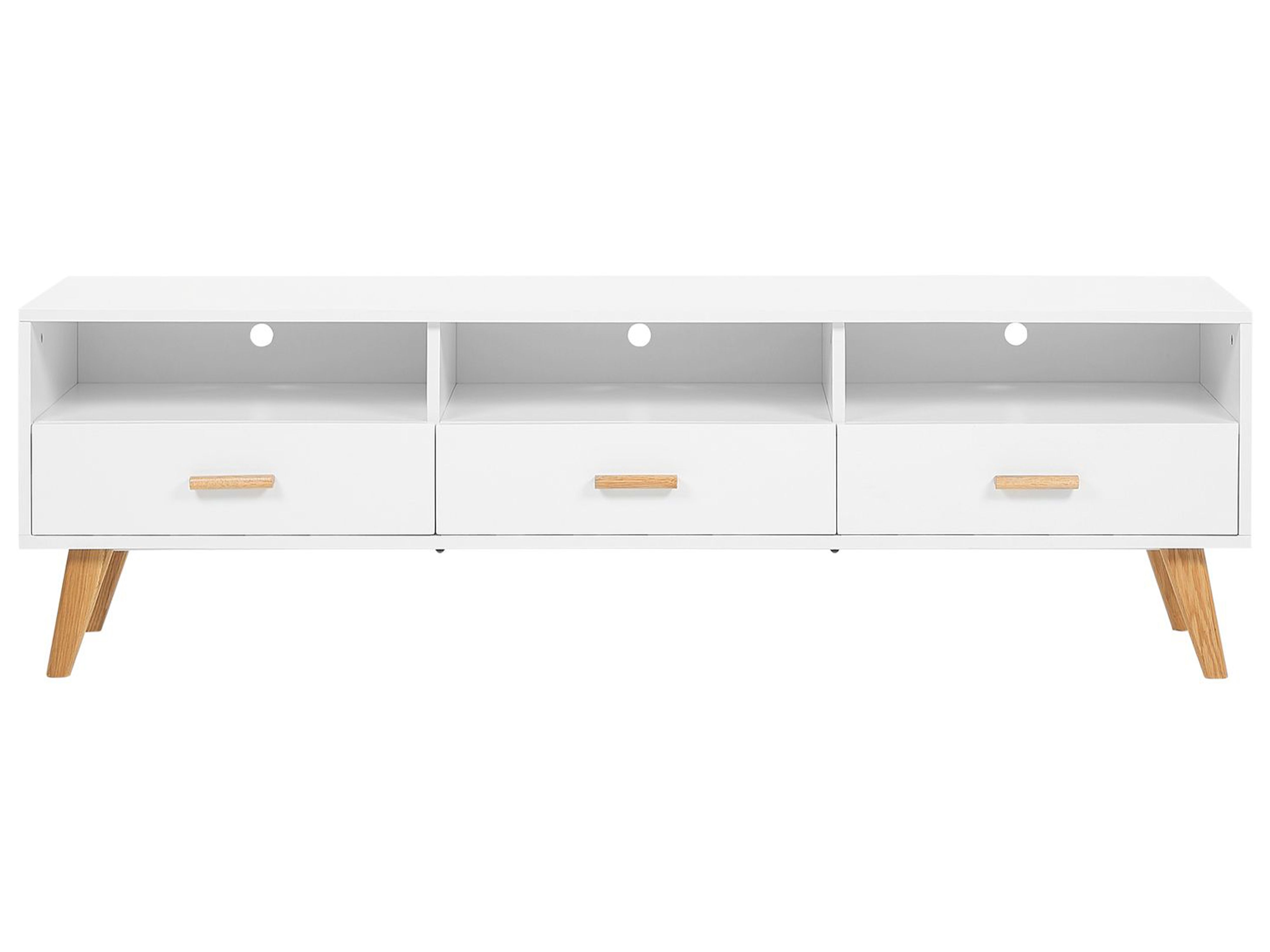 Beliani Mobile TV 140 Cm Bianco E Beige Con Ante In Rattan Sintetico - 2 Ante E 2 Ripiani - Stile Boho Retrò Con Passacavi - MDF