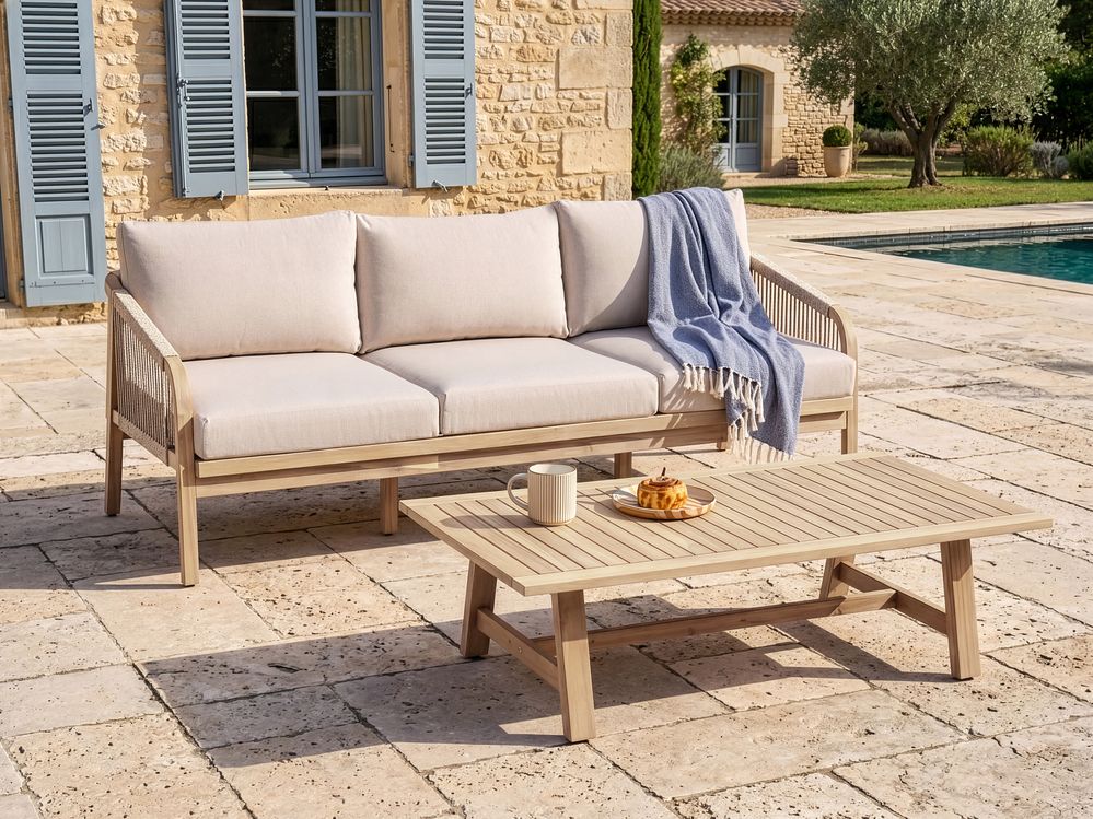 Sofá de jardín con mesa 3 plazas SUMBA Madera de acacia Marrón claro