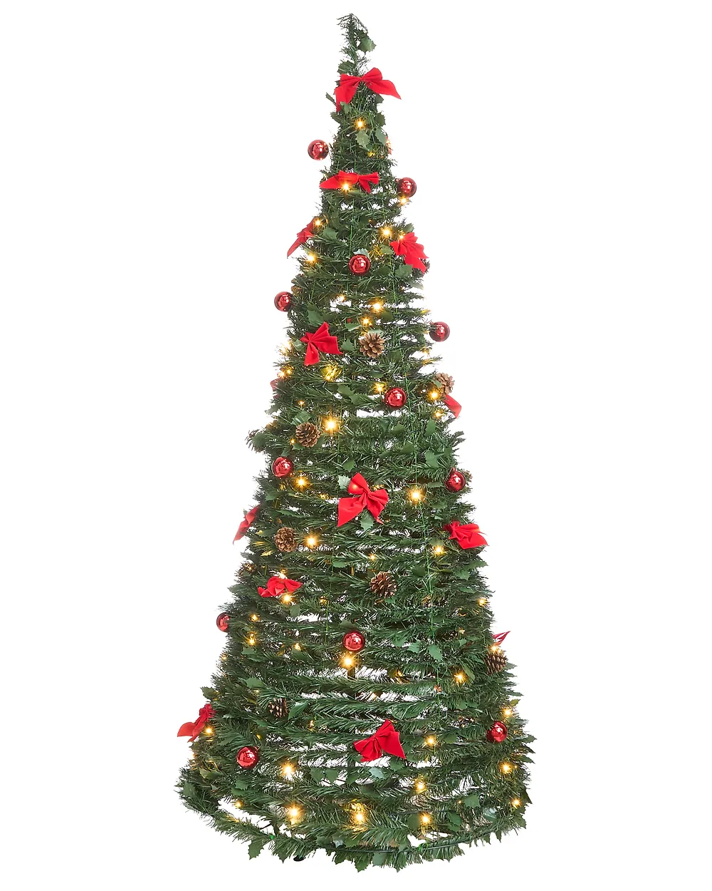 Sapin De Noël Artificiel Rétractable 1,8m Avec Télécommande - Pré-éclairé Rubans Rouges Et Dorés - 6FT