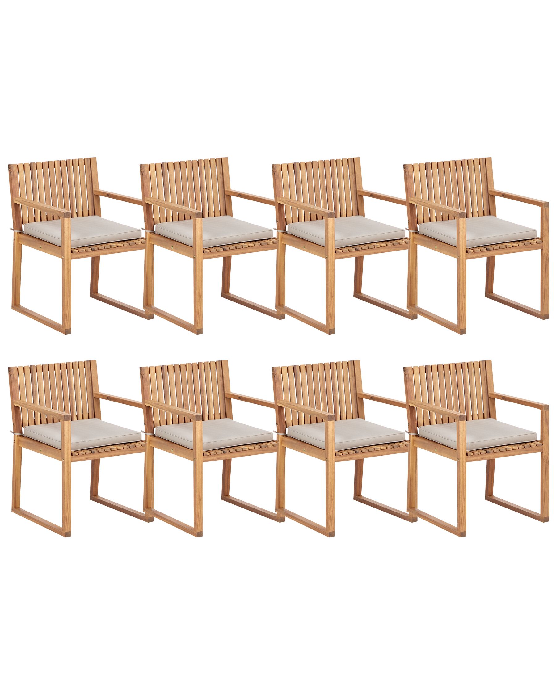 Sada 8 certifikovaných zahradních jídelních židlí z akátového dřeva s polštáři v barvě taupe SASSARI II_923852