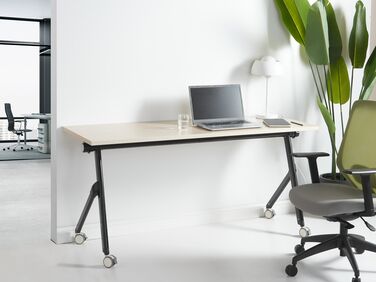 Folding Office Desk with Casters 160 x 60 cm Light Wood and Black BENDI