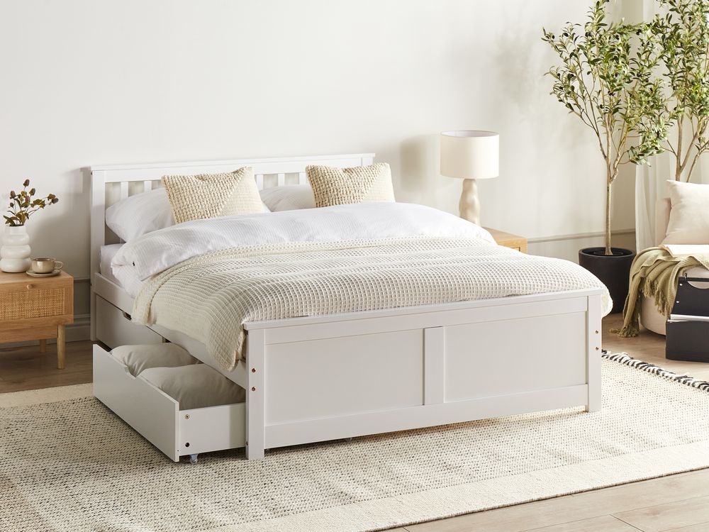 Bed with 4 Drawers OLENDON Pine Wood White 140 x 200 cm (EU Double)