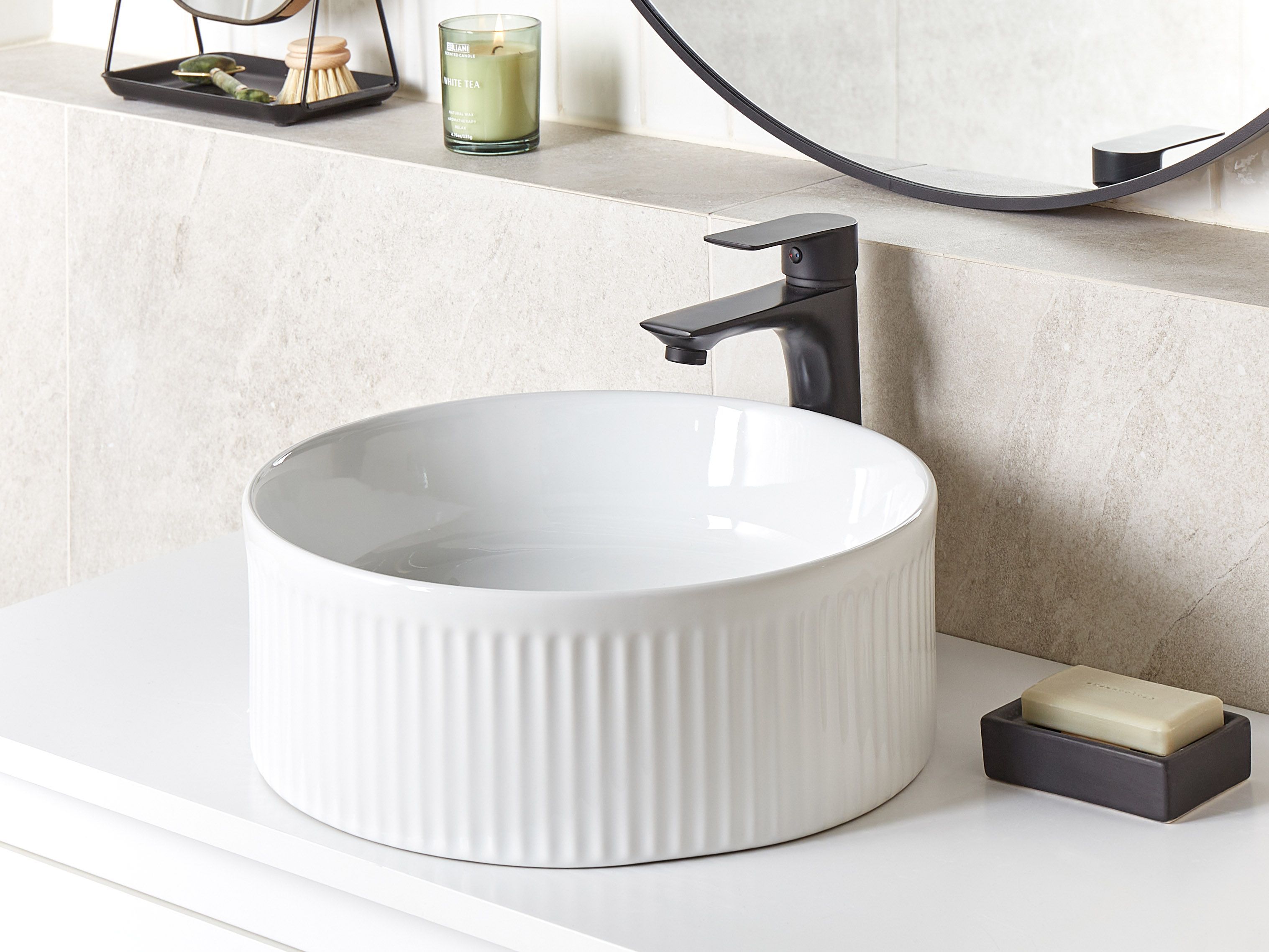 Aufsatzwaschbecken Keramik Rillen-Optik weiß rund ⌀ 37 cm GELDO ...