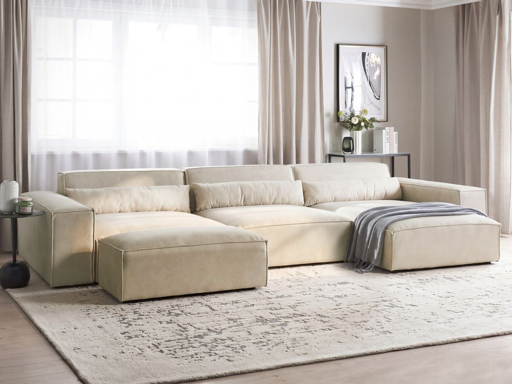 Canapé d'angle modulable 4 places HELLNAR avec ottoman Velours Beige clair Côté gauche