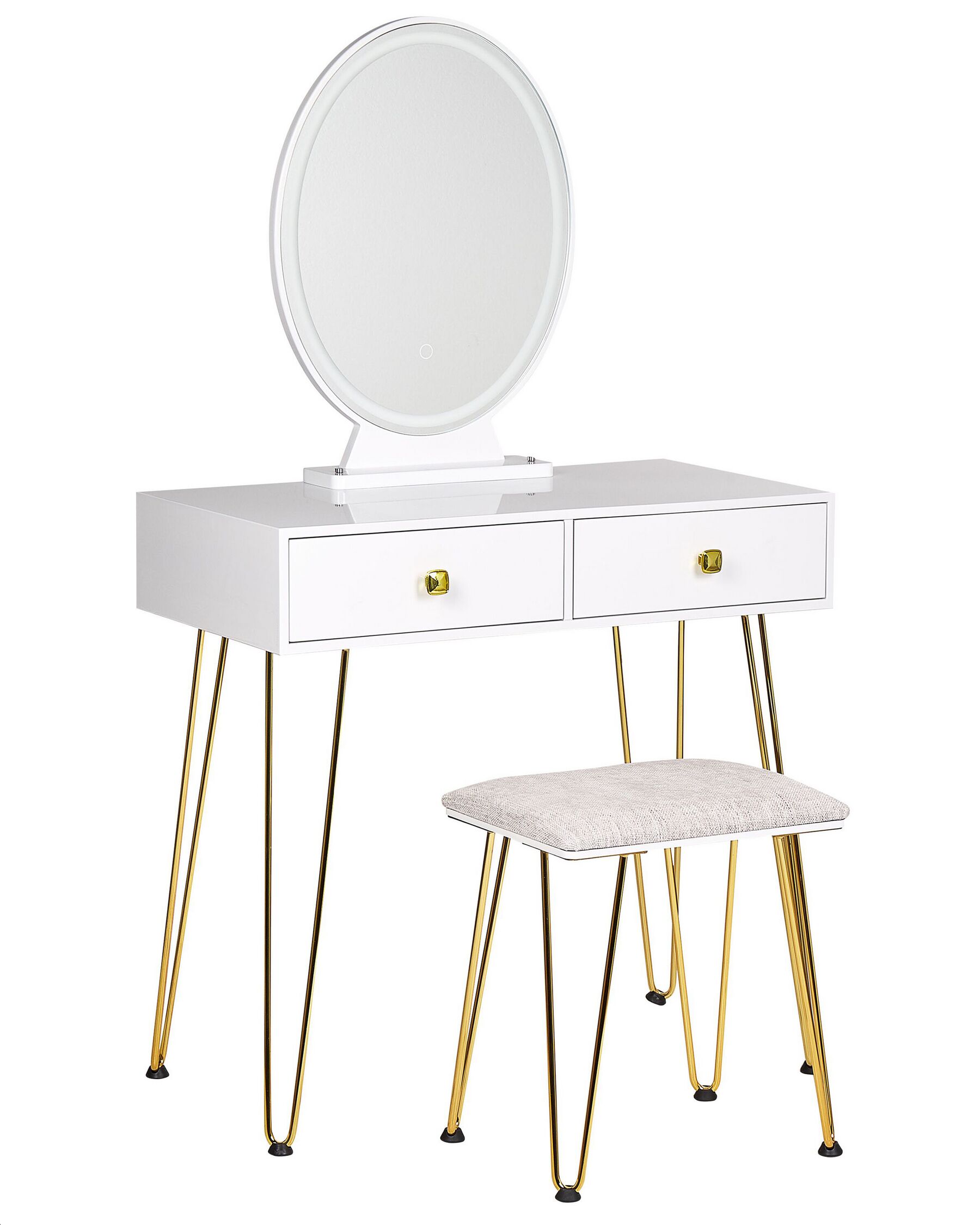 Tavolino da toeletta con 2 cassetti e specchio LED bianco e oro CAEN_844955