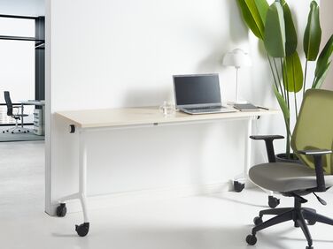 Folding Office Desk with Casters 160 x 60 cm Light Wood and White CAVI