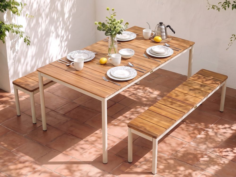 Garden Dining Set with Benches 6 Seater GIOVINAZZO Acacia Wood Brown