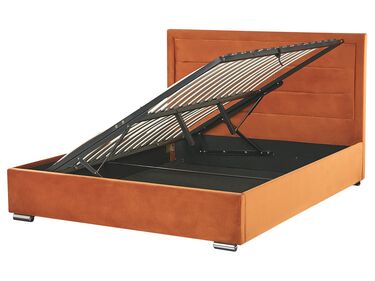 Zamatová posteľ s úložným priestorom 160 x 200 cm oranžová ROUEN