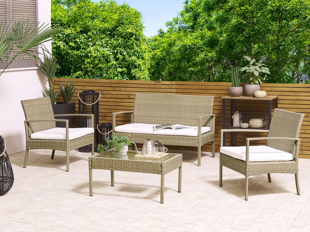 Lounge Set Rattan hellbraun 4 Sitzer Auflagen cremeweiB MARSALA Beliani