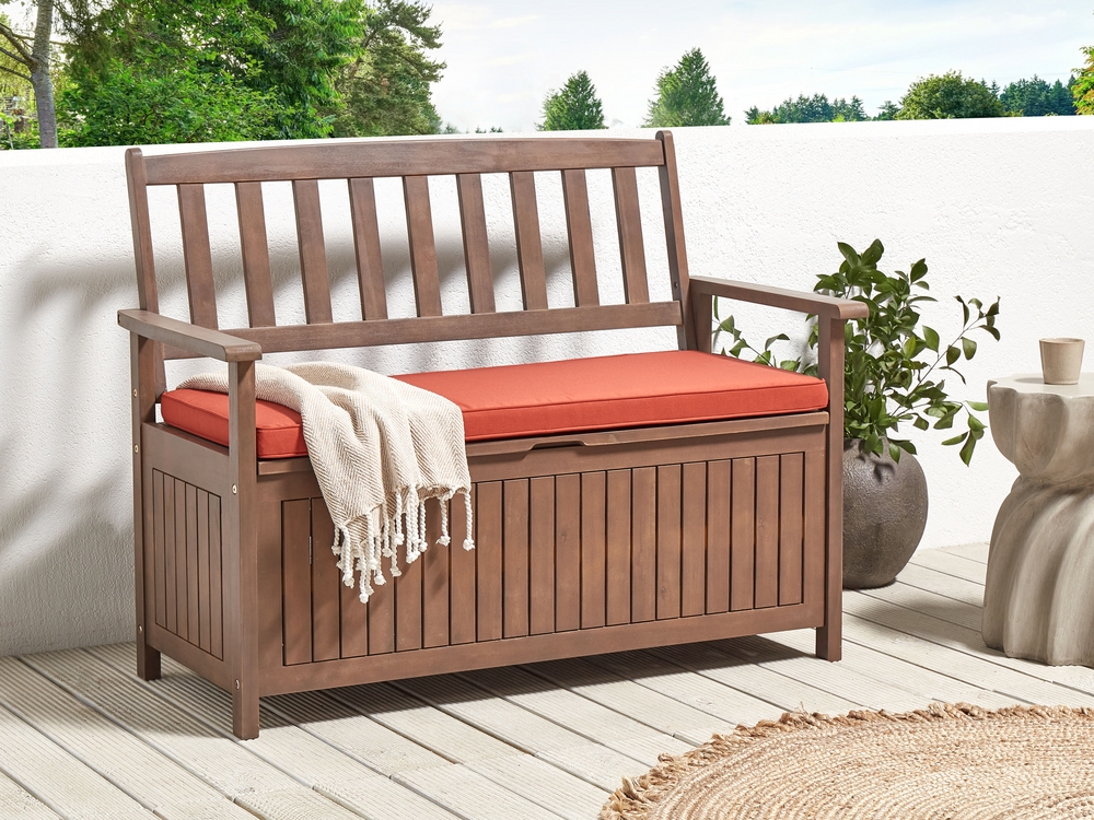 Acacia Wood Garden Bench with Storage 120 cm Dark with Red Cushion SOVANA Beliani