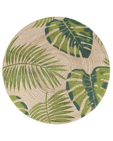 Round Area Rug Leaf Pattern ⌀ 140 cm Beige with Green BUGAY