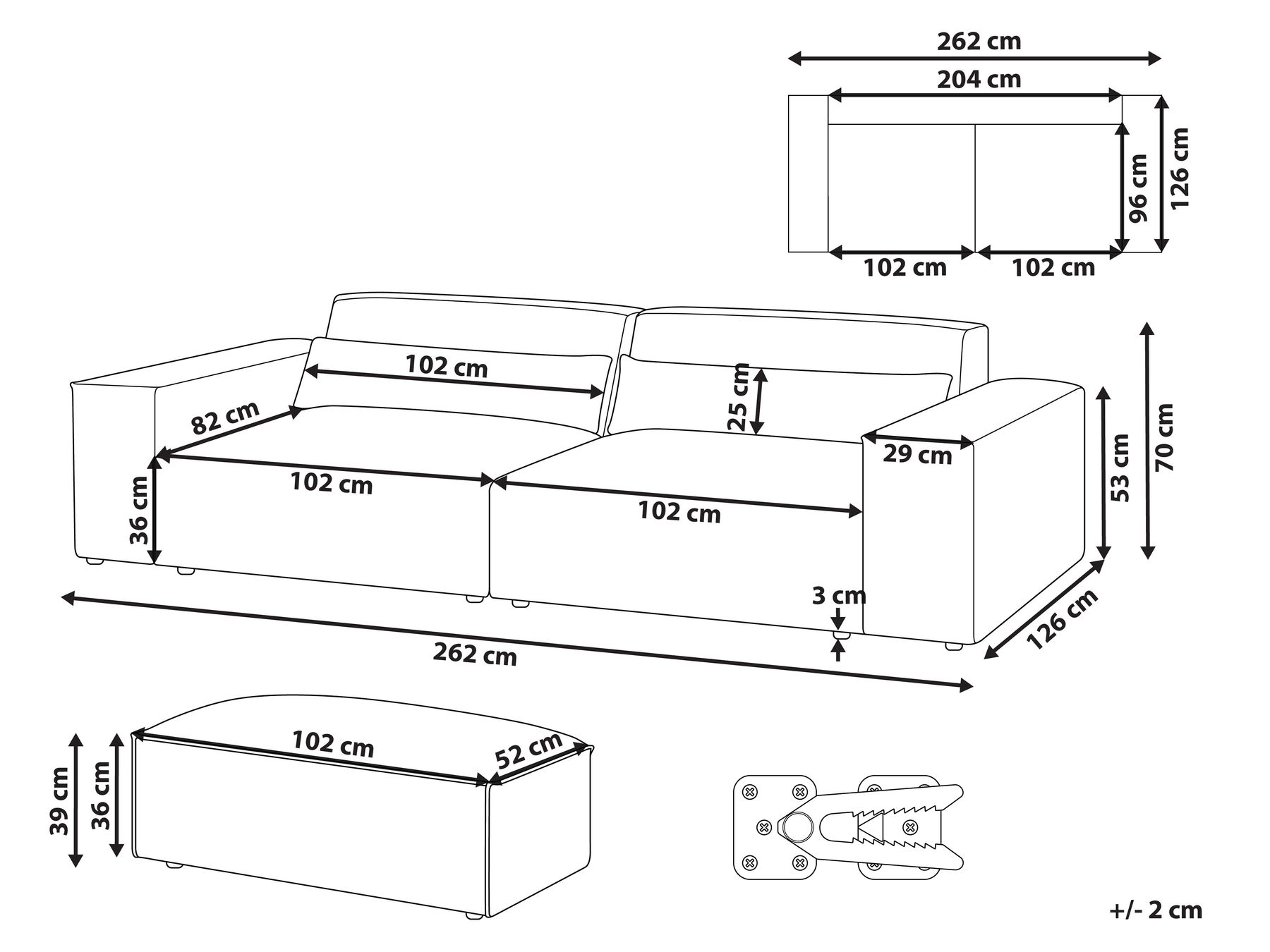 Modular Sofa 2 Seater HELLNAR with Ottoman Fabric Light Brown_912266
