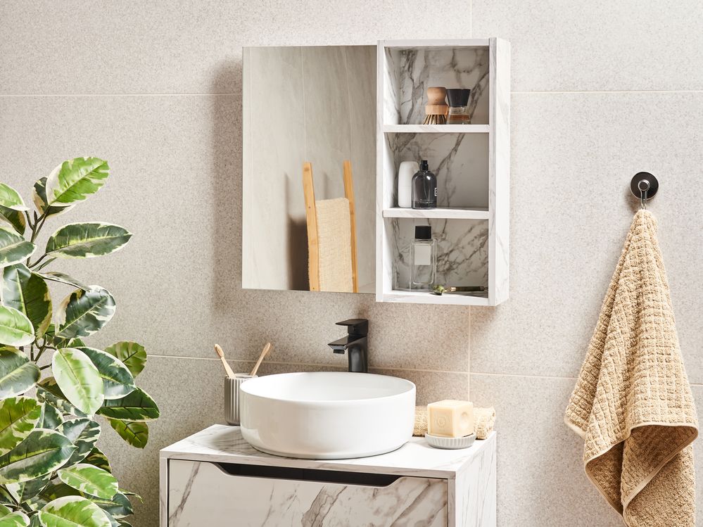 Bathroom Wall Mounted Mirror Cabinet JOINVILLE 60 cm 54 cm White Marble