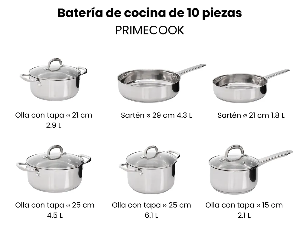 Batería de cocina de 10 piezas PRIMECOOK Acero inoxidable Plateado_1051154
