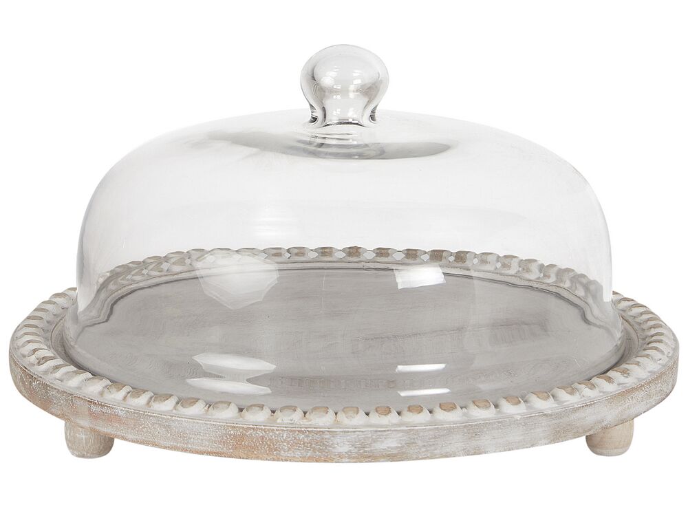 Mango Wood Cake Stand with Glass Lid Light DENDERA Beliani