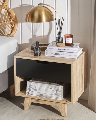 1 Drawer Bedside Table Light Wood with Black SPENCER