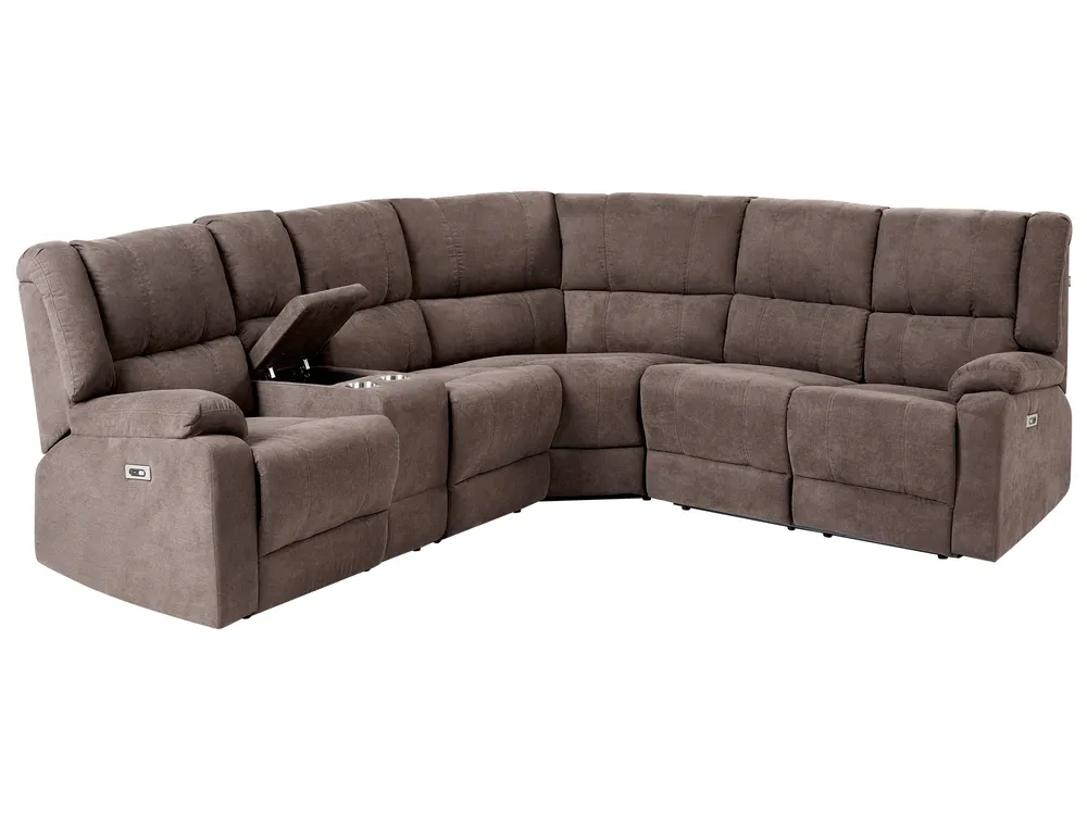 Electric Recliner Corner Sofa 5 Seater ROKKE with USB Port Fabric Brown Left Hand_851489