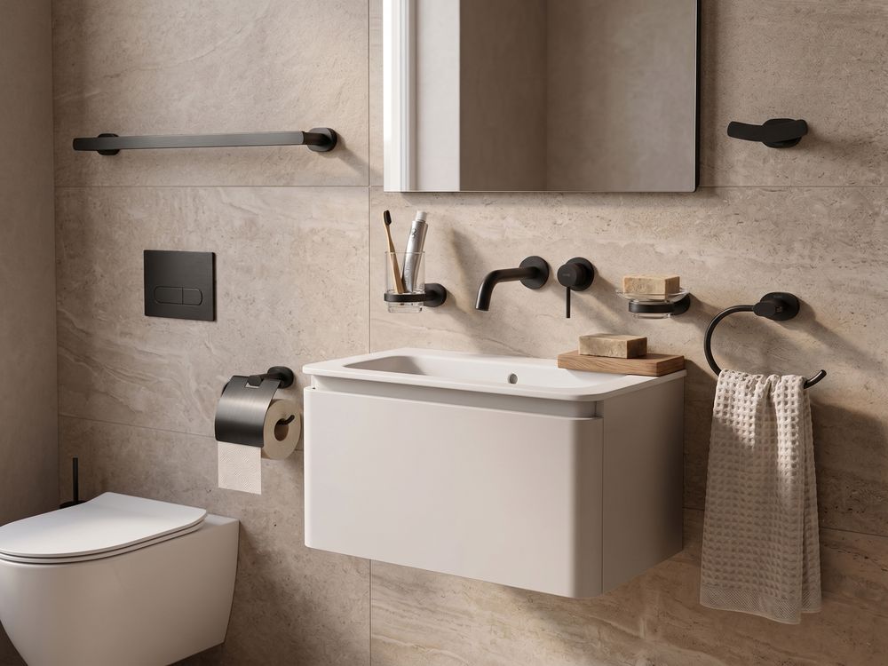 Badezimmerhalter Set 6-teilig TOCOPILLA mit Handtuchstangen und -haken Schwarz