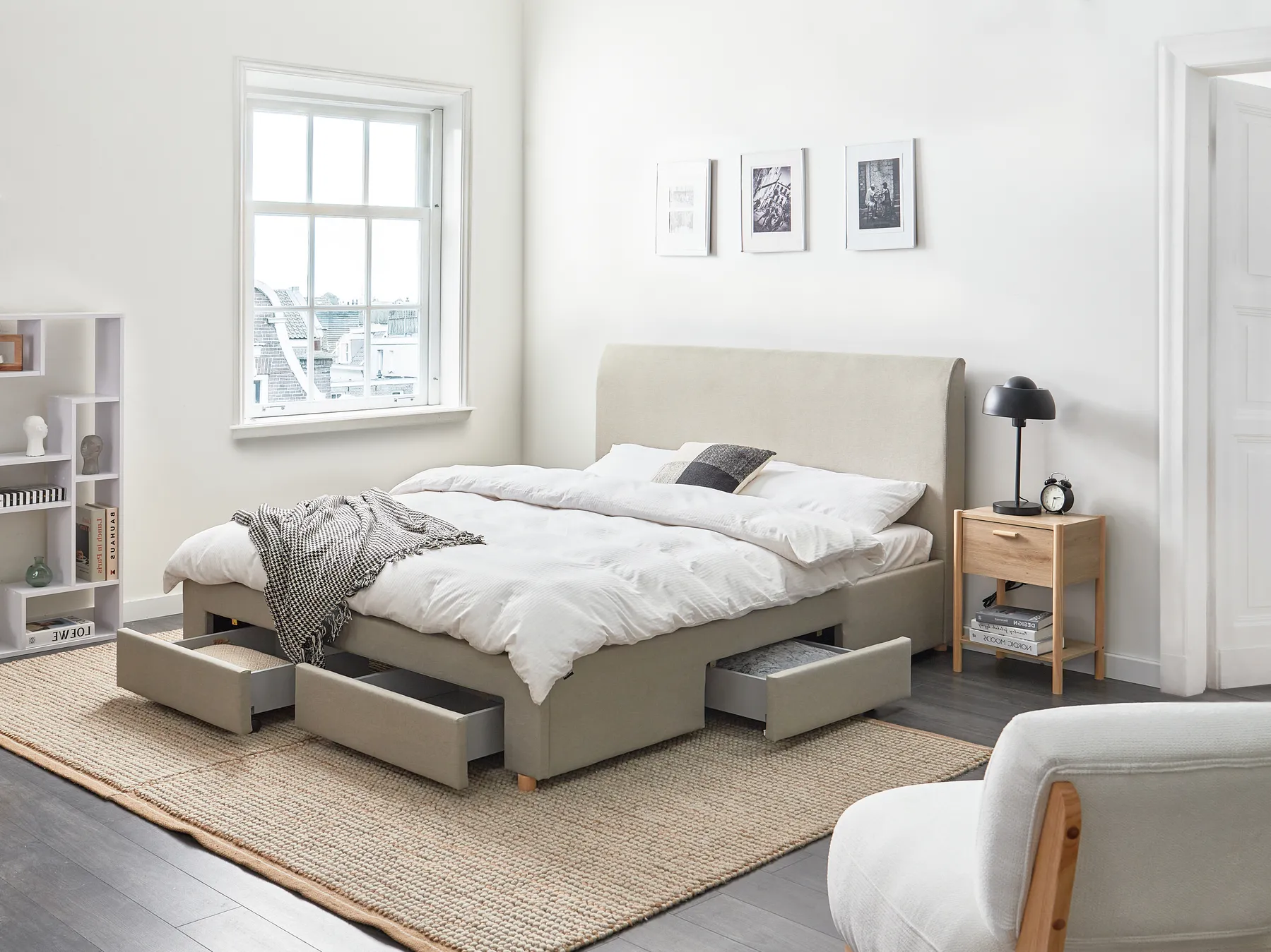 Bed with Storage Drawers SOUTRIN Fabric Beige 160 x 200 cm (EU King Size)_993421