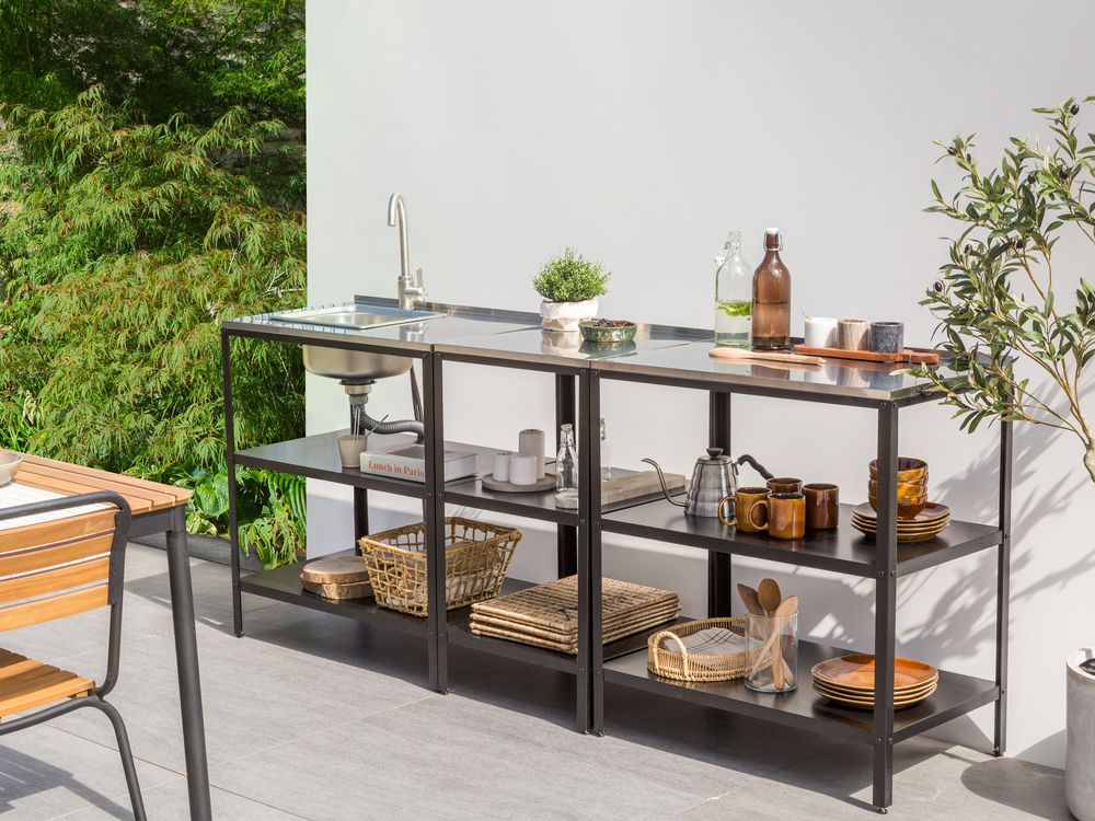 Conjunto de 3 muebles de cocina exterior con fregadero VILAMA Negro Metal