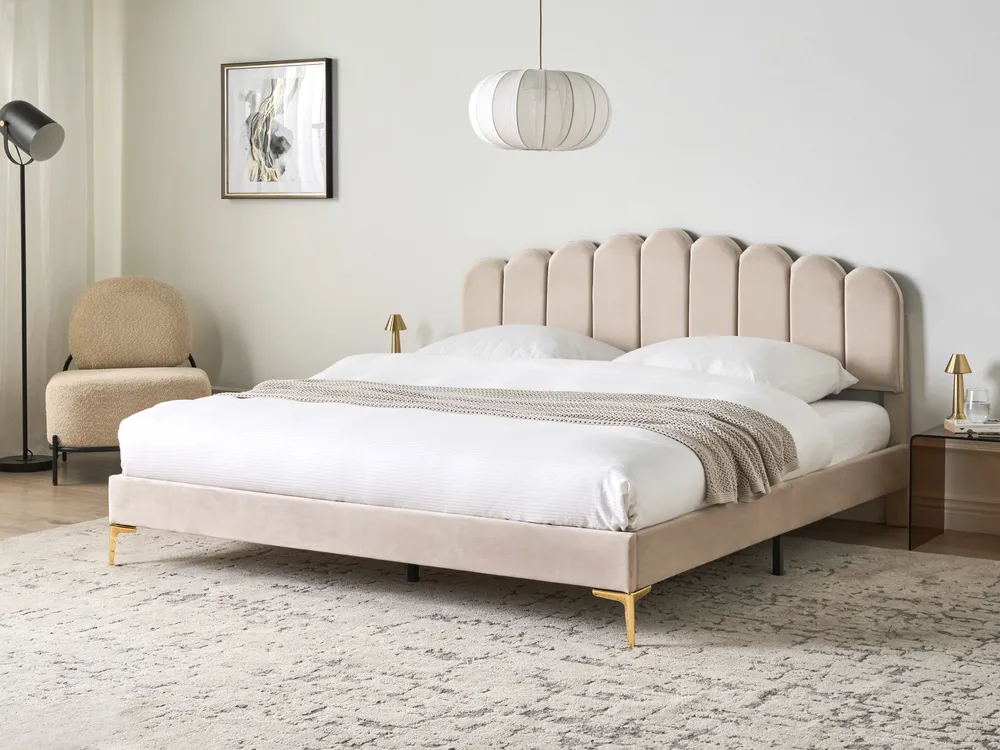 Zamatová posteľ béžová SAUVIAN rôzne veľkosti