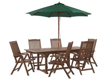 Set da giardino con 6 sedie legno di acacia scuro e ombrellone verde AMANTEA