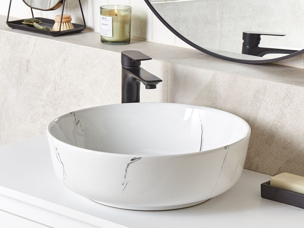 Countertop Basin HOPI ⌀ 420 mm Ceramic White Marble