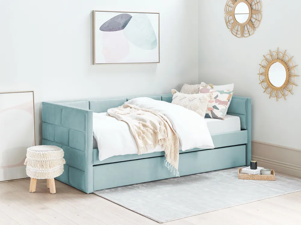 Lit De Jour Avec Tiroir Gigogne Et Matelas – 90x200 Cm – Velours Gris Clair – Neuf