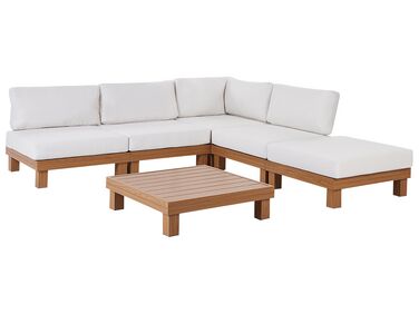 Lounge Set Aluminium heller Holzfarbton 5-Sitzer modular Auflagen weiss SANZA