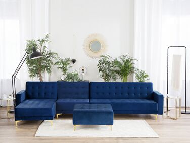 Right Hand Modular Velvet Sofa with Ottoman Navy Blue ABERDEEN