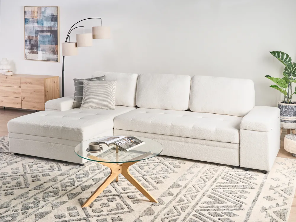 Divano letto angolare posti HRISEY Bouclé Bianco con contenitore