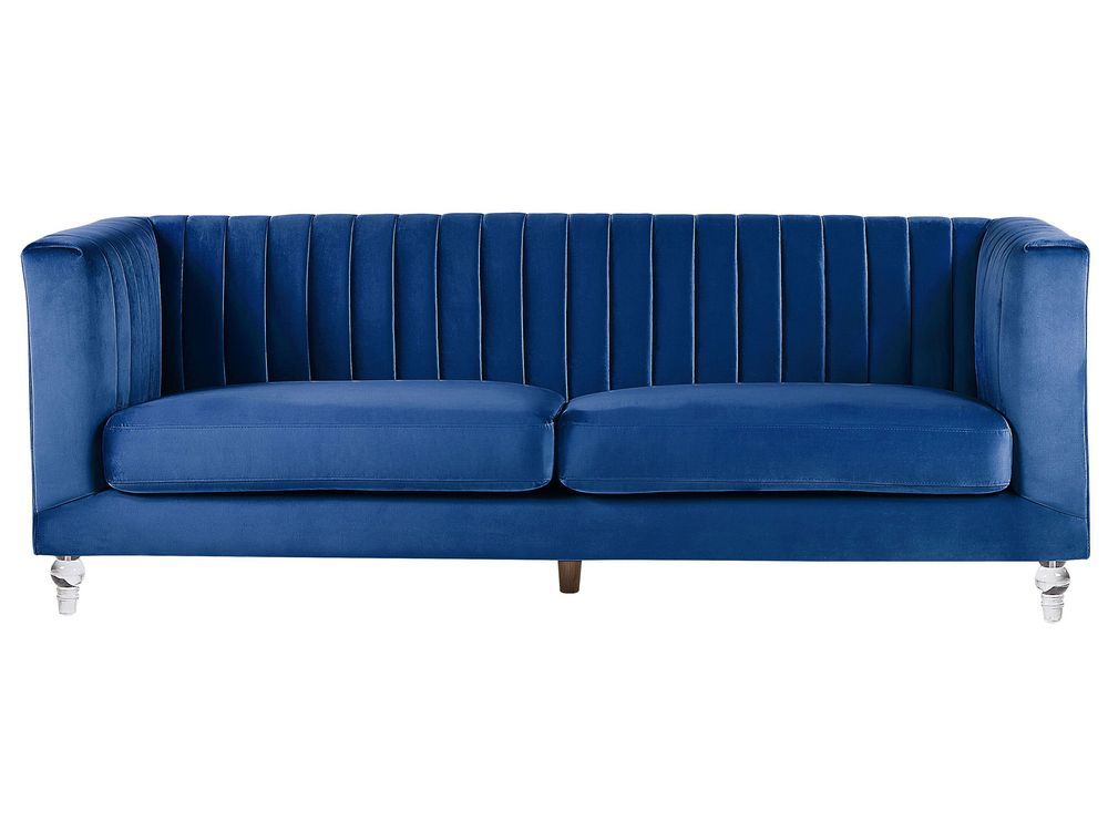 Divano 3 Posti Beliani In Velluto Blu Verde – Design Glamour Con Cuscini Inclusi – Gambe In Metallo - 3