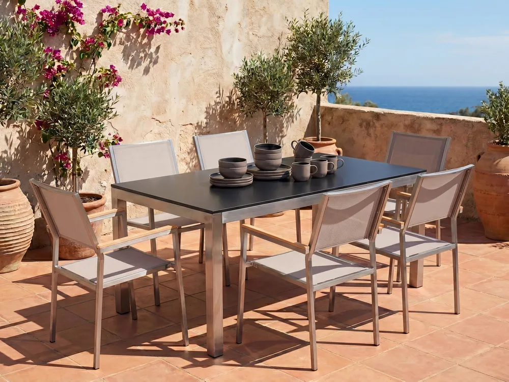 Set da pranzo da giardino 6 posti GROSSETO Vetro temperato Nero/Beige_1105768