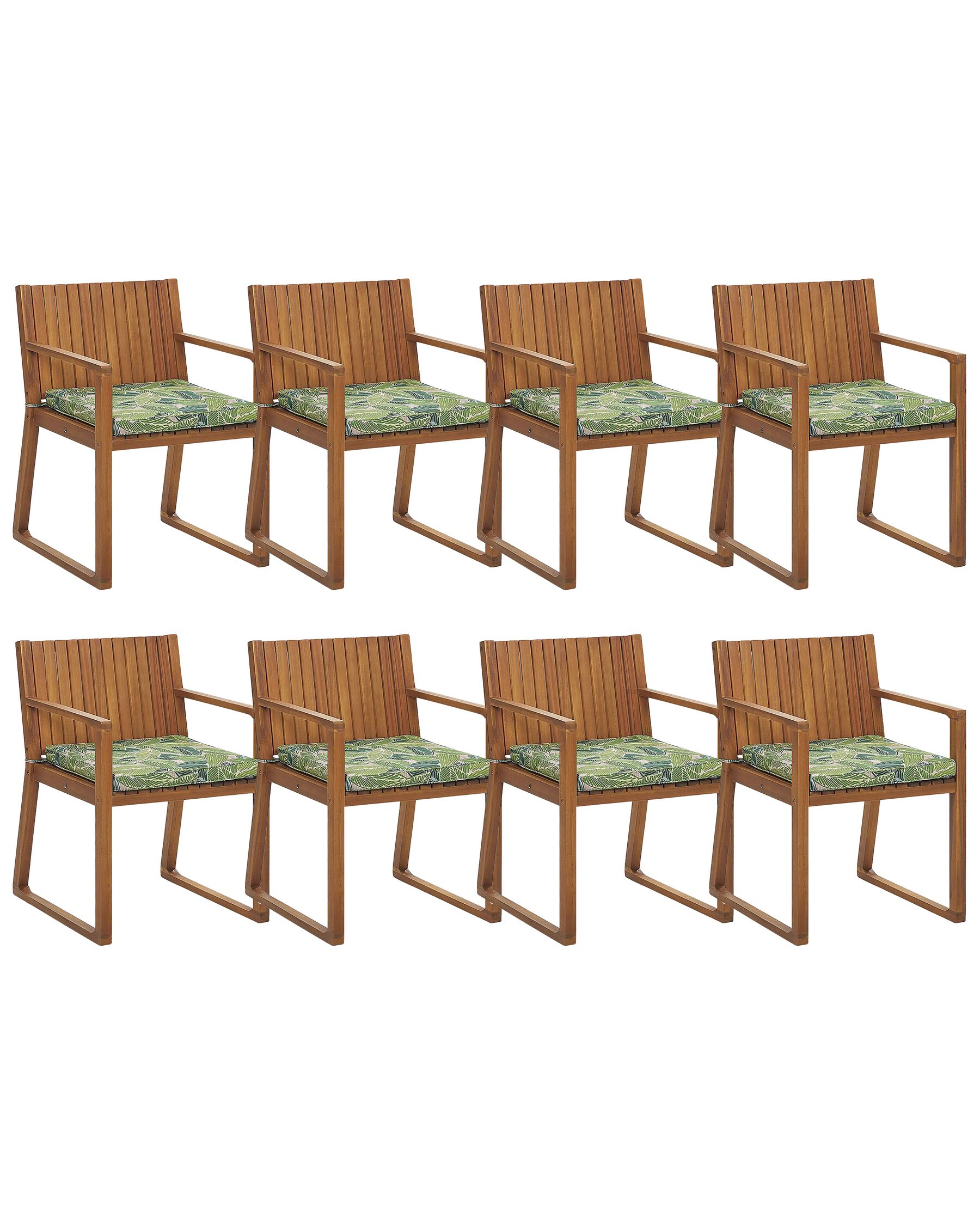 Set of 8 Acacia Wood Garden Dining Chairs with Leaf Pattern Green Cushions SASSARI_774905