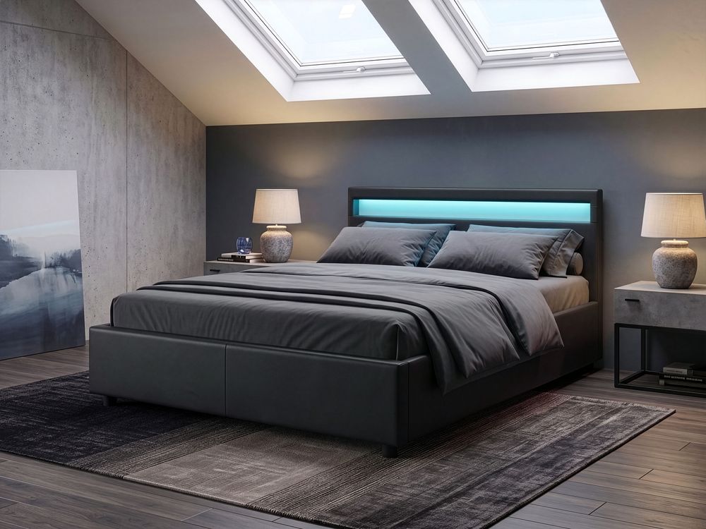 Lit ottoman avec LED ARMELLE Cuir PU Noir 160 x 200 cm
