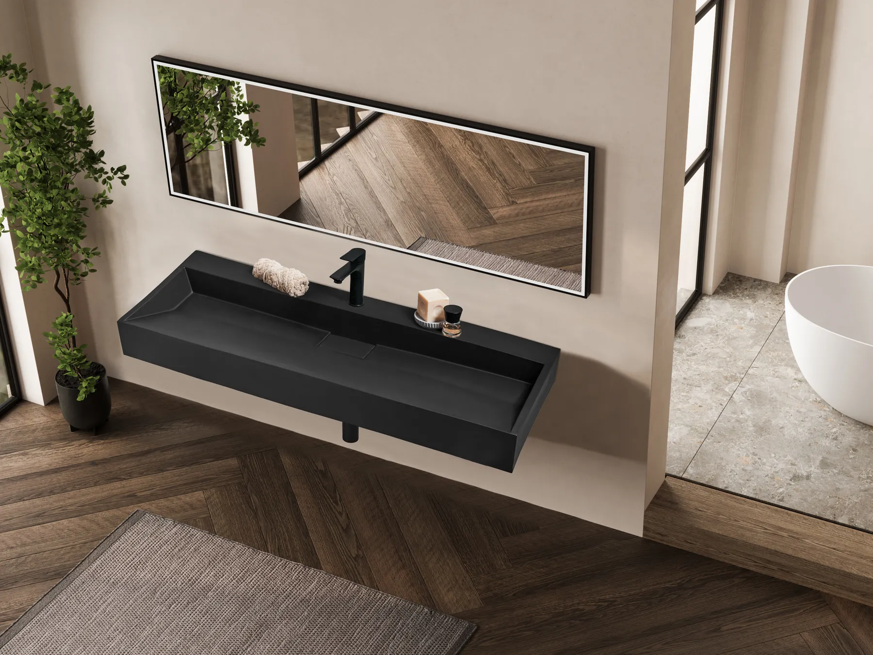 Lavabo sospeso QUENKO 120 x 46 cm Composito minerale Nero_981357
