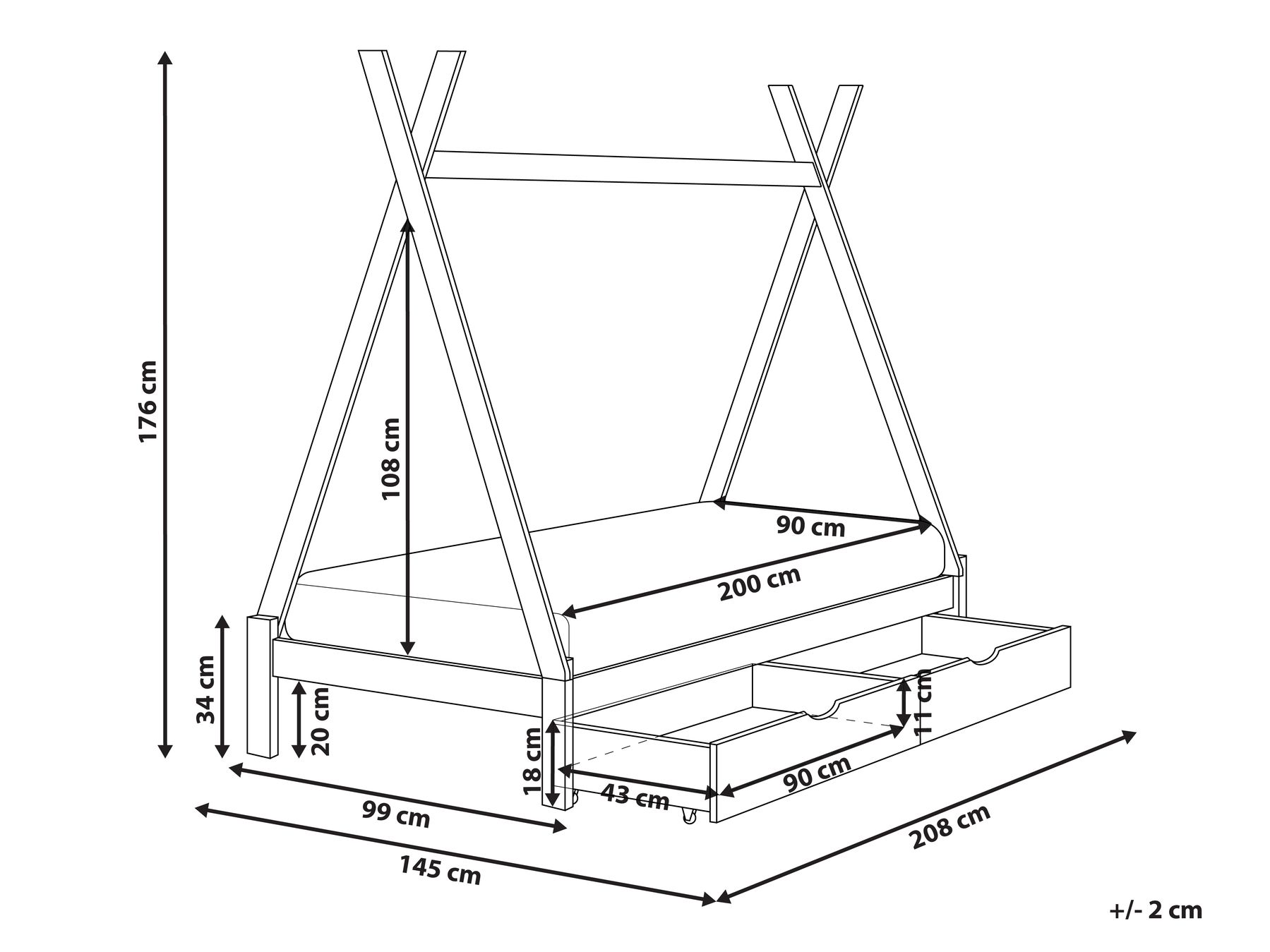 Lit à tiroirs pour enfants Tipi Bois de pin DEVAY 90 x 200 cm Blanc_963576