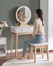 Dressing Table with Mirror and Stool FEDRY LED Grey_1107849