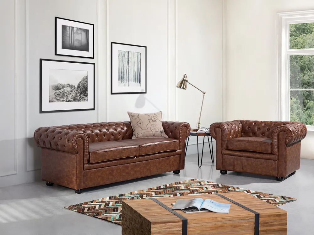 Sofa dla 3 osób CHESTERFIELD Ekoskóra Złoty brąz