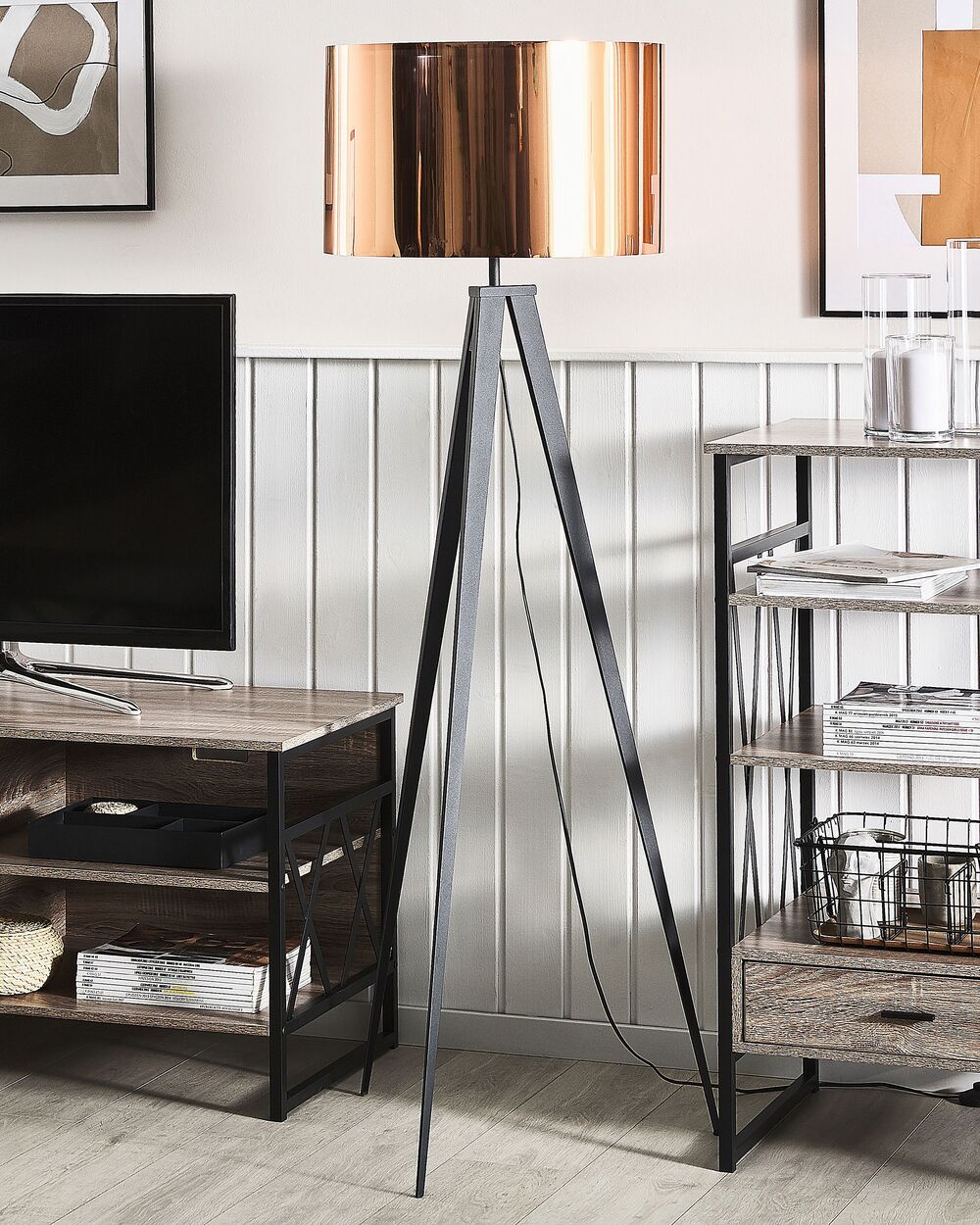 Black and copper tripod floor lamp on sale