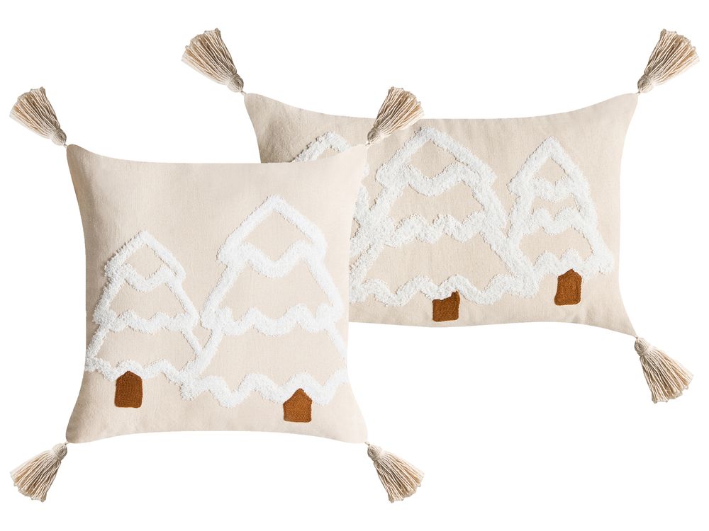 Set of 2 Decorative Cushions INTSIA 30 x 50 cm 45 x 45 cm Cotton Light Beige Christmas Motif