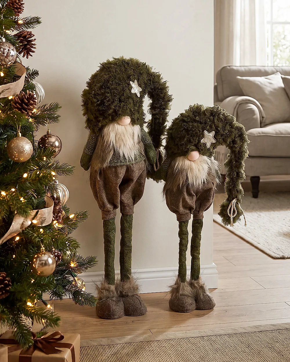 Set of 2 Christmas Decorations PORRAS 44-57/57-70 cm Gnome Brown/ Green