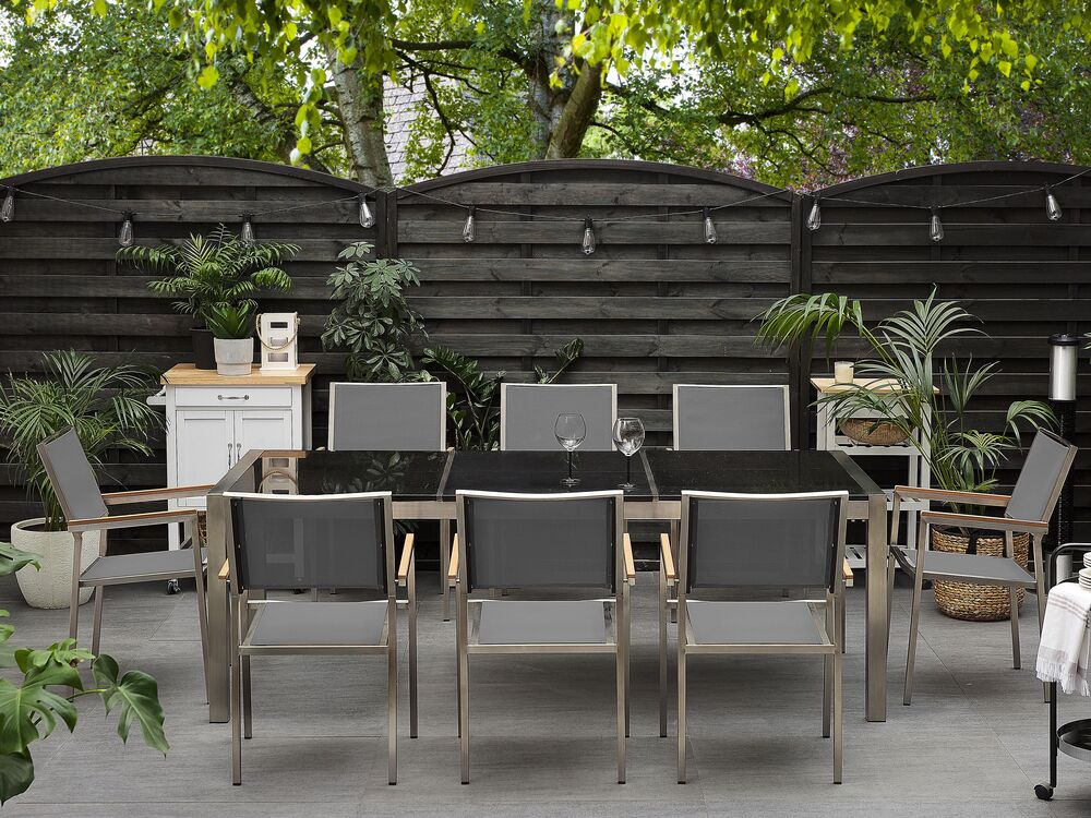8 Seater Garden Dining Set Black Granite Triple Plate Top and Grey Chairs GROSSETO Beliani