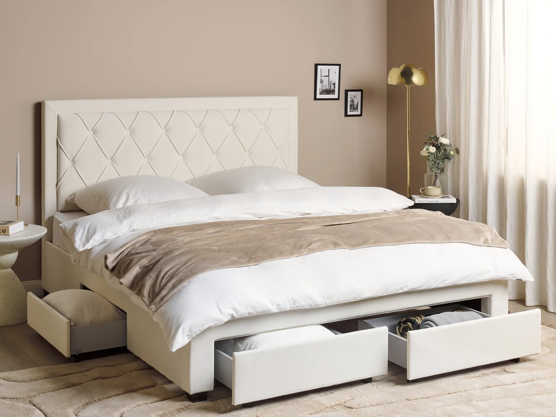 Bed with Storage Drawers LIEVIN Velvet Light Beige 180 x 200 cm (EU Super King)_902437