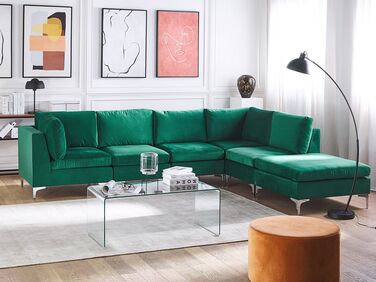 Left Hand 5 Seater Modular Velvet Corner Sofa with Ottoman Green EVJA